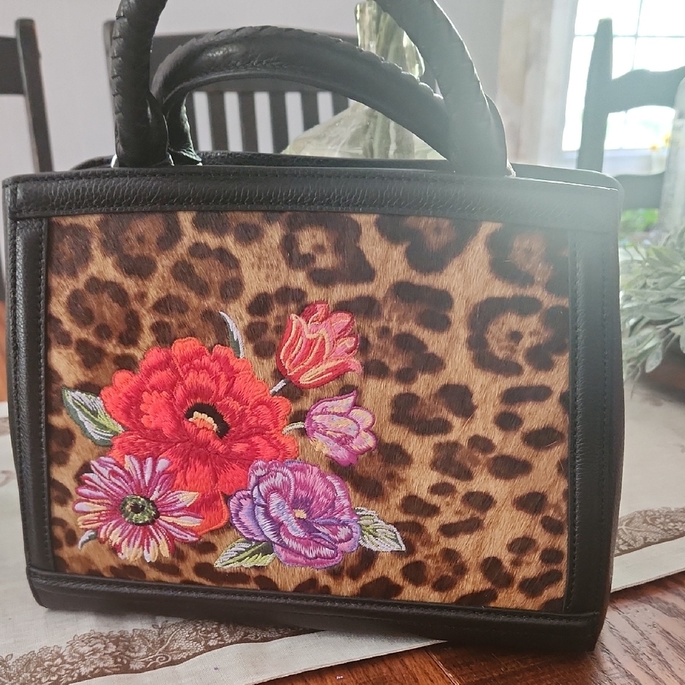 Brighton Uptown Spots - Harper Medium - Floral Embroidered Leopard Print Bag